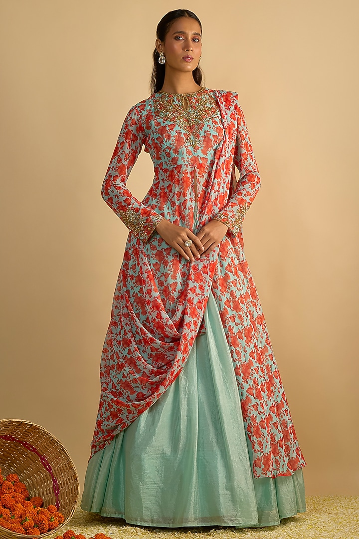 Blue & Orange Georgette Floral Printed Draped-Style Kurta Set by Rayasha Khan at Pernia's Pop Up Shop