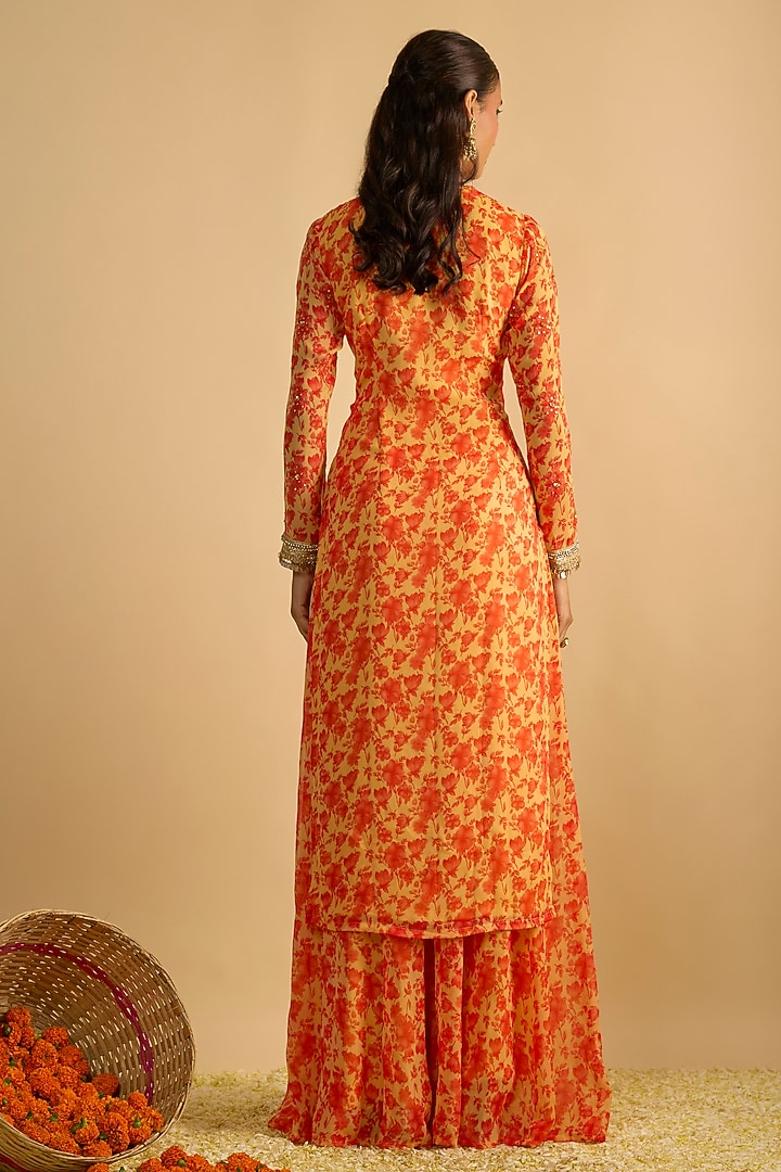 Yellow & Orange Georgette Floral Printed Kurta Set by Rayasha Khan at Pernia's Pop Up Shop