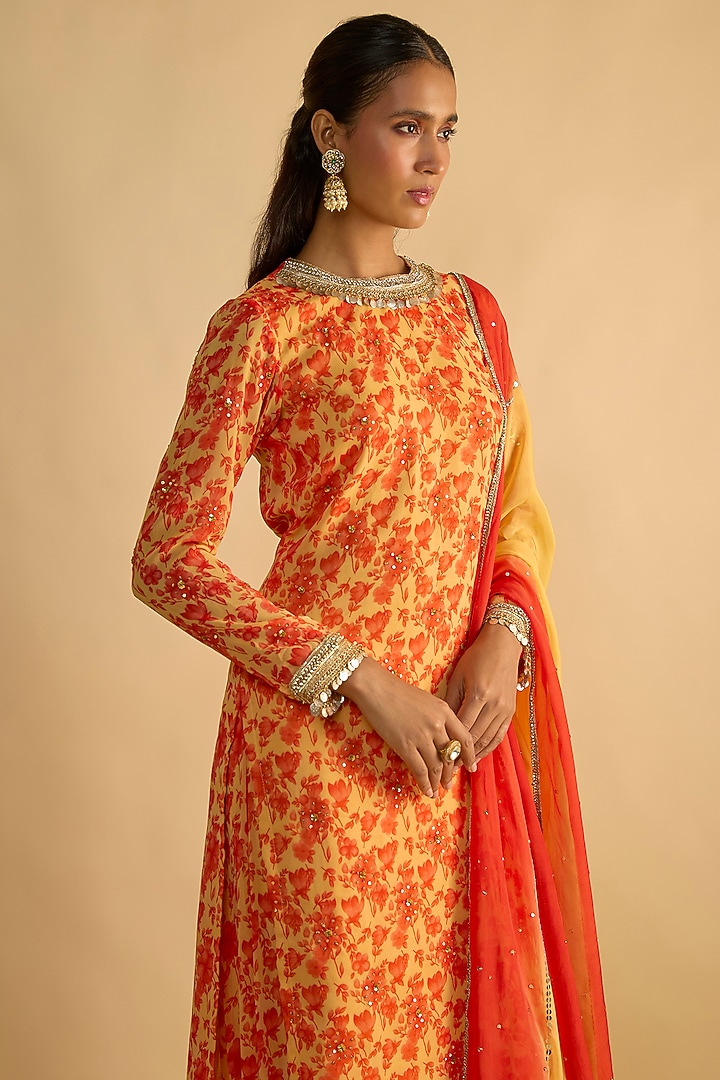 Yellow & Orange Georgette Floral Printed Kurta Set by Rayasha Khan at Pernia's Pop Up Shop