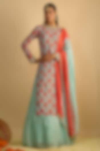 Blue & Orange Georgette Floral Printed Kurta Set by Rayasha Khan at Pernia's Pop Up Shop