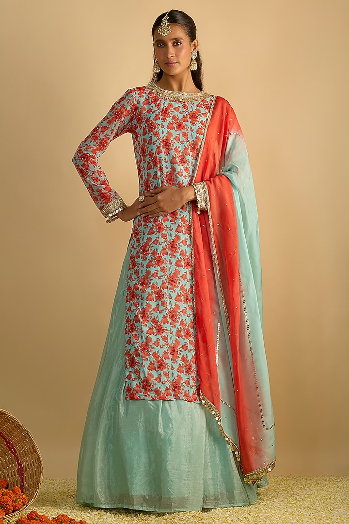 Blue & Orange Georgette Floral Printed Kurta Set by Rayasha Khan at Pernia's Pop Up Shop