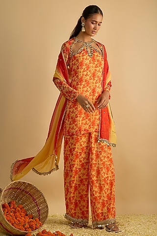 Yellow & Orange Georgette Floral Printed Kurta Set by Rayasha Khan