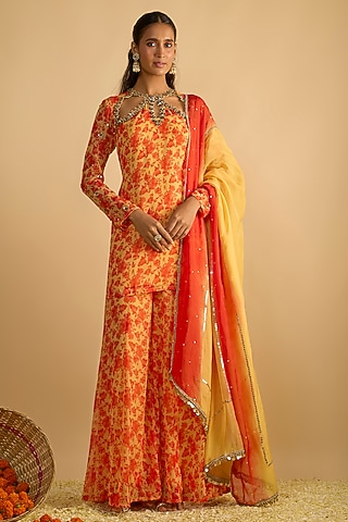 Yellow & Orange Georgette Floral Printed Kurta Set by Rayasha Khan