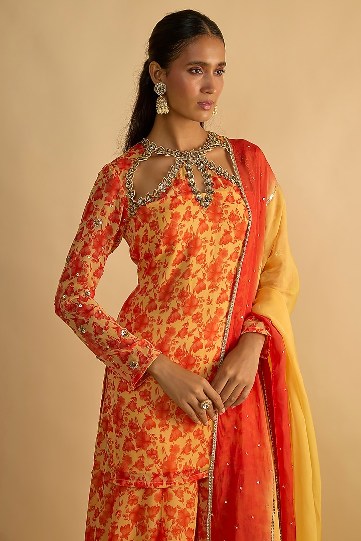 Yellow & Orange Georgette Floral Printed Kurta Set by Rayasha Khan at Pernia's Pop Up Shop