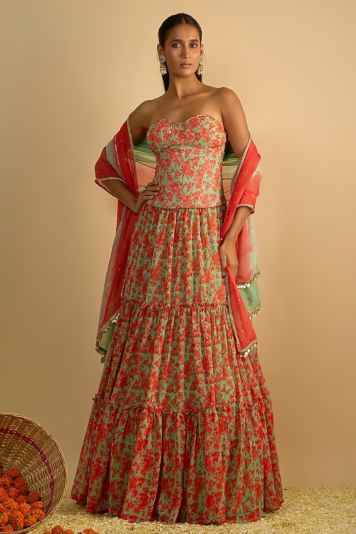 Green & Orange Georgette Floral Printed Gathered Wedding Lehenga Set by Rayasha Khan at Pernia's Pop Up Shop