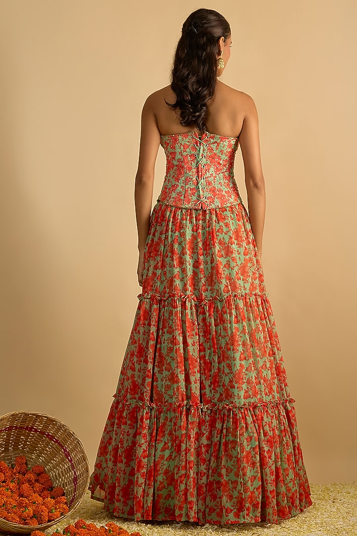 Green & Orange Georgette Floral Printed Gathered Wedding Lehenga Set by Rayasha Khan at Pernia's Pop Up Shop