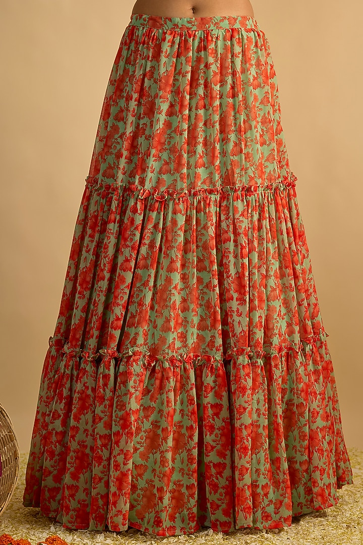 Green & Orange Georgette Floral Printed Gathered Wedding Lehenga Set by Rayasha Khan at Pernia's Pop Up Shop