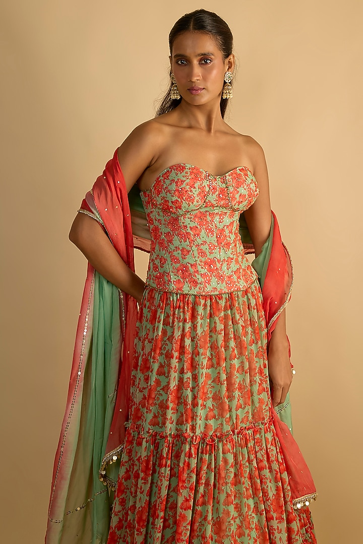 Green & Orange Georgette Floral Printed Gathered Wedding Lehenga Set by Rayasha Khan at Pernia's Pop Up Shop