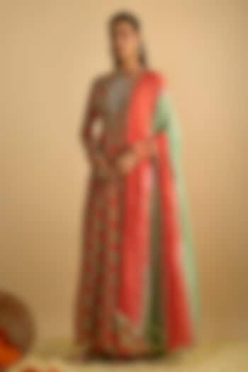 Green & Orange Georgette Floral Printed Party Wear Anarkali Set by Rayasha Khan at Pernia's Pop Up Shop