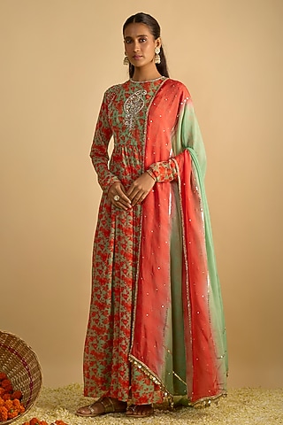 Green & Orange Georgette Floral Printed Anarkali Set by Rayasha Khan