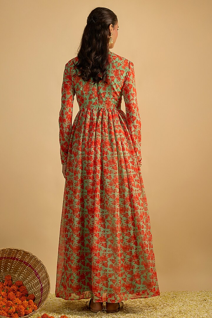 Green & Orange Georgette Floral Printed Party Wear Anarkali Set by Rayasha Khan at Pernia's Pop Up Shop