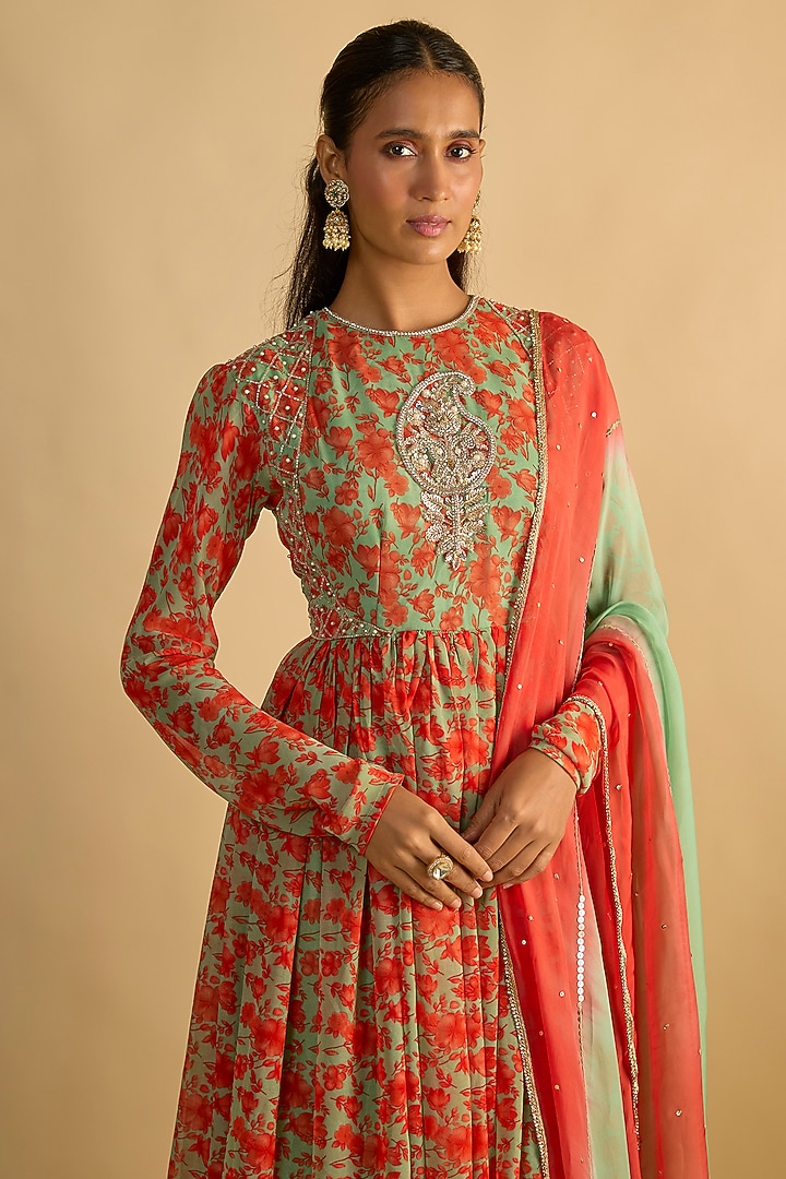 Green & Orange Georgette Floral Printed Party Wear Anarkali Set by Rayasha Khan at Pernia's Pop Up Shop