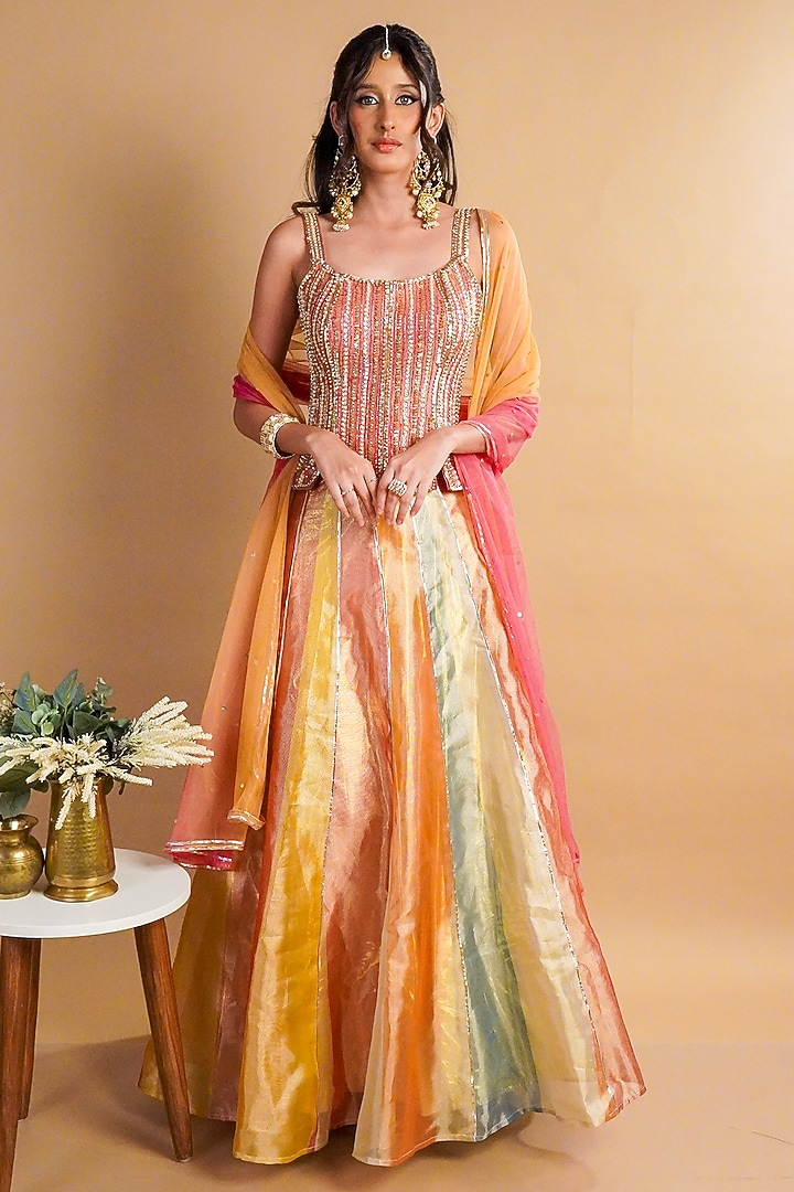 Multi-Colored Banarasi Tissue Hand Embroidered Wedding Lehenga Set by Rayasha Khan at Pernia's Pop Up Shop