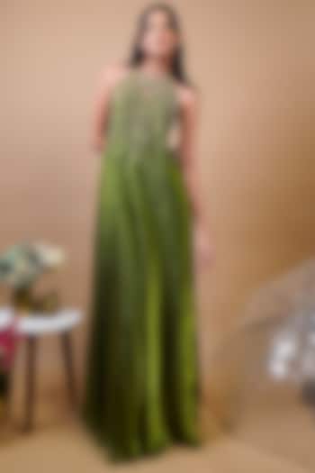 Olive Green Tissue Silk Hand Embroidered Party Wear Gown by Rayasha Khan at Pernia's Pop Up Shop