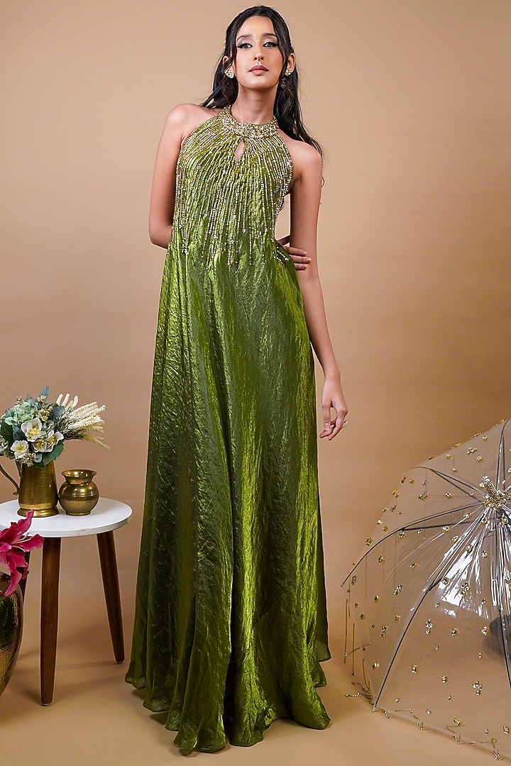 Olive Green Tissue Silk Hand Embroidered Party Wear Gown by Rayasha Khan at Pernia's Pop Up Shop