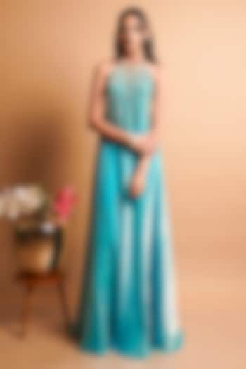 Firozi Blue Tissue Silk Hand Embroidered Party Wear Gown by Rayasha Khan at Pernia's Pop Up Shop