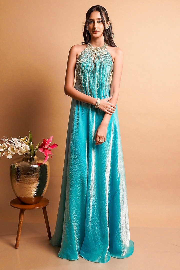 Firozi Blue Tissue Silk Hand Embroidered Party Wear Gown by Rayasha Khan at Pernia's Pop Up Shop