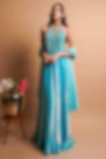 Firozi Blue Tissue Silk Hand Embroidered Engagement Gown With Dupatta by Rayasha Khan at Pernia's Pop Up Shop