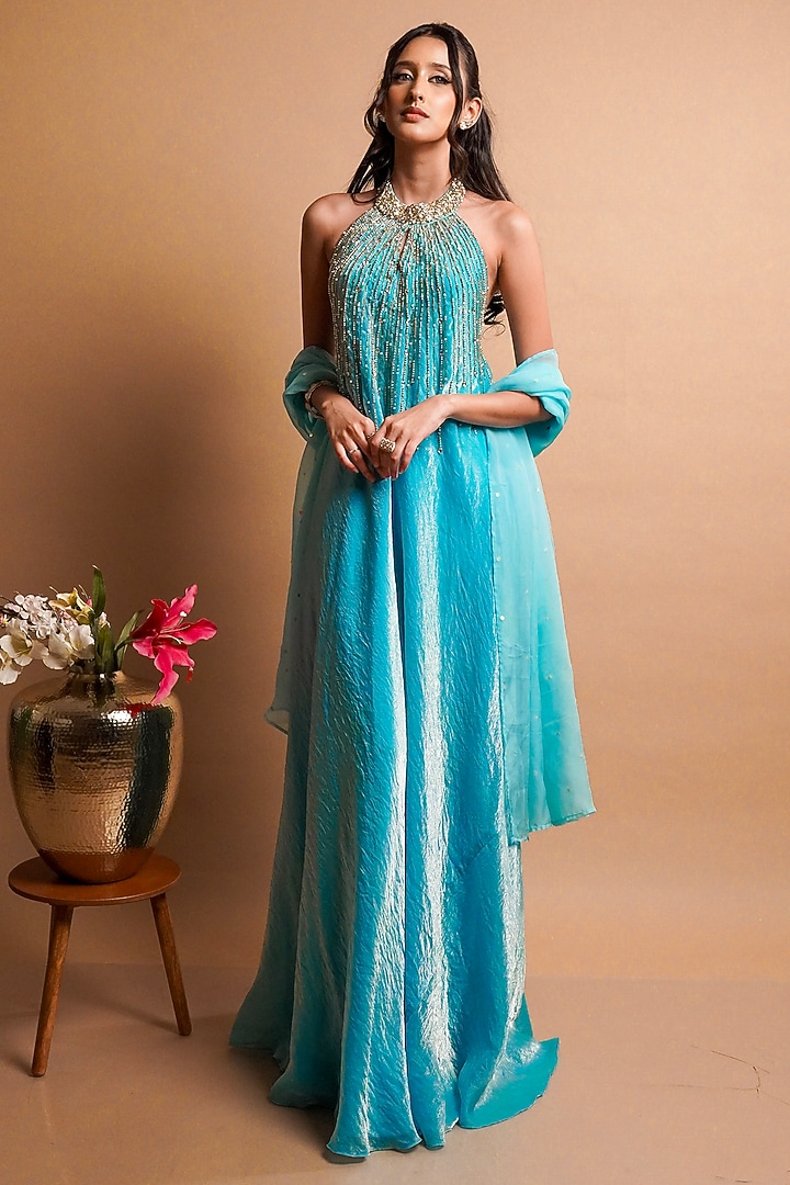Firozi Blue Tissue Silk Hand Embroidered Engagement Gown With Dupatta by Rayasha Khan at Pernia's Pop Up Shop