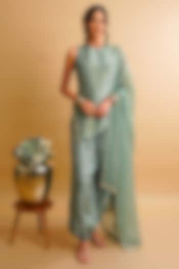 Sage Green Tissue Silk Embroidered Short Kurta Set by Rayasha Khan at Pernia's Pop Up Shop