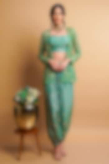 Sage Green Net Embroidered Jacket Set by Rayasha Khan at Pernia's Pop Up Shop