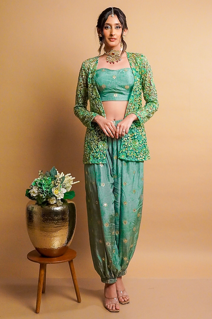 Sage Green Net Embroidered Jacket Set by Rayasha Khan at Pernia's Pop Up Shop