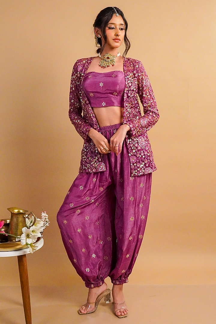 Purple Net Embroidered Jacket Set by Rayasha Khan at Pernia's Pop Up Shop