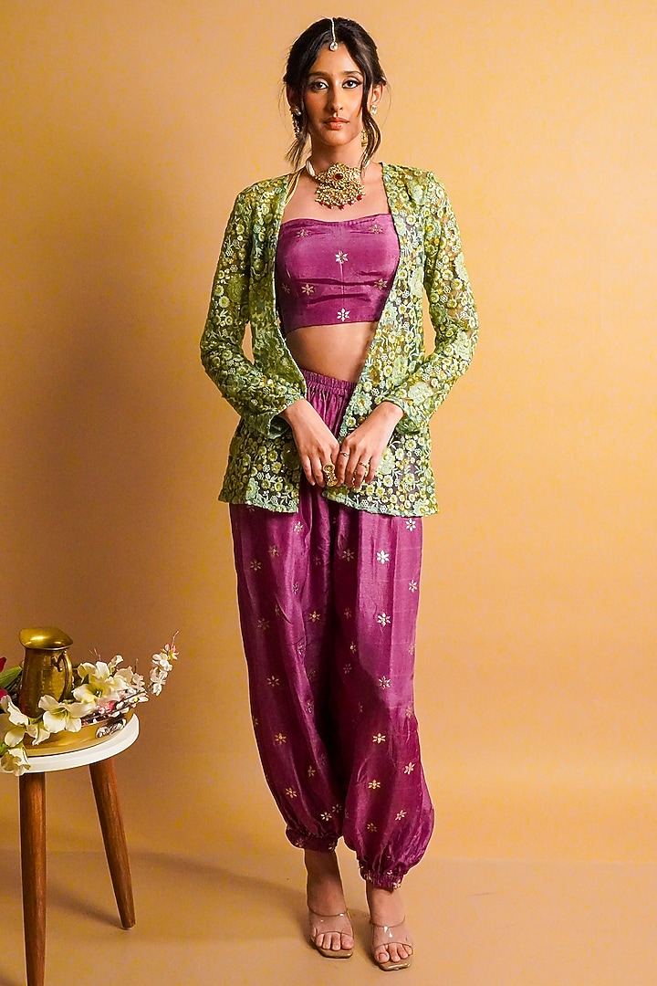 Sage Green Net Embroidered Jacket Set by Rayasha Khan at Pernia's Pop Up Shop