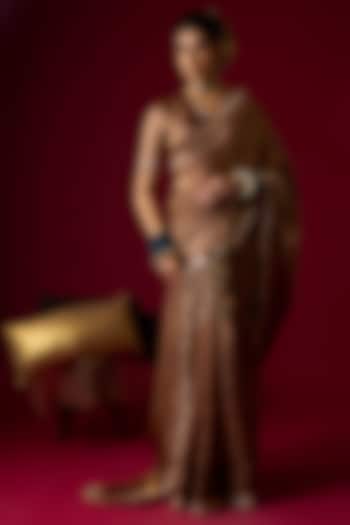 Mocha Colored Silk Tissue Party Wear Saree Set by Rayasha Khan at Pernia's Pop Up Shop