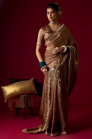 Mocha Colored Silk Tissue Saree Set by Rayasha Khan