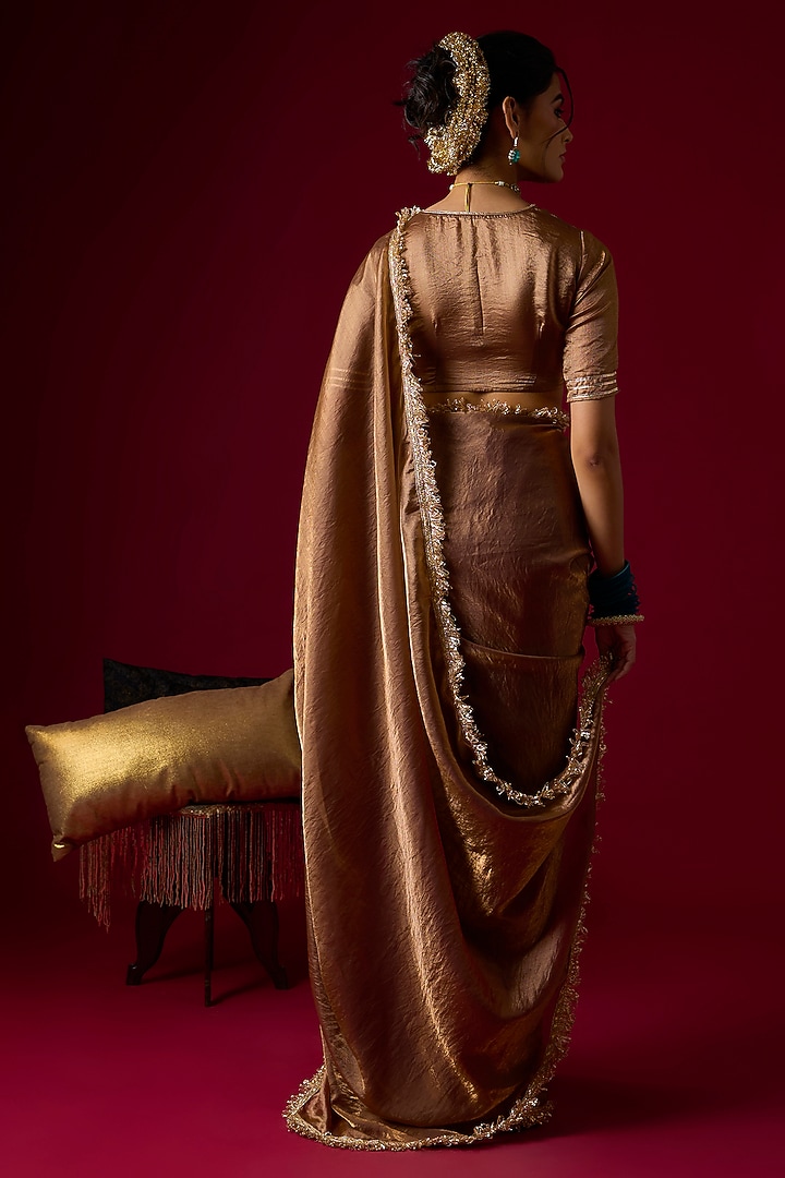 Mocha Colored Silk Tissue Party Wear Saree Set by Rayasha Khan at Pernia's Pop Up Shop