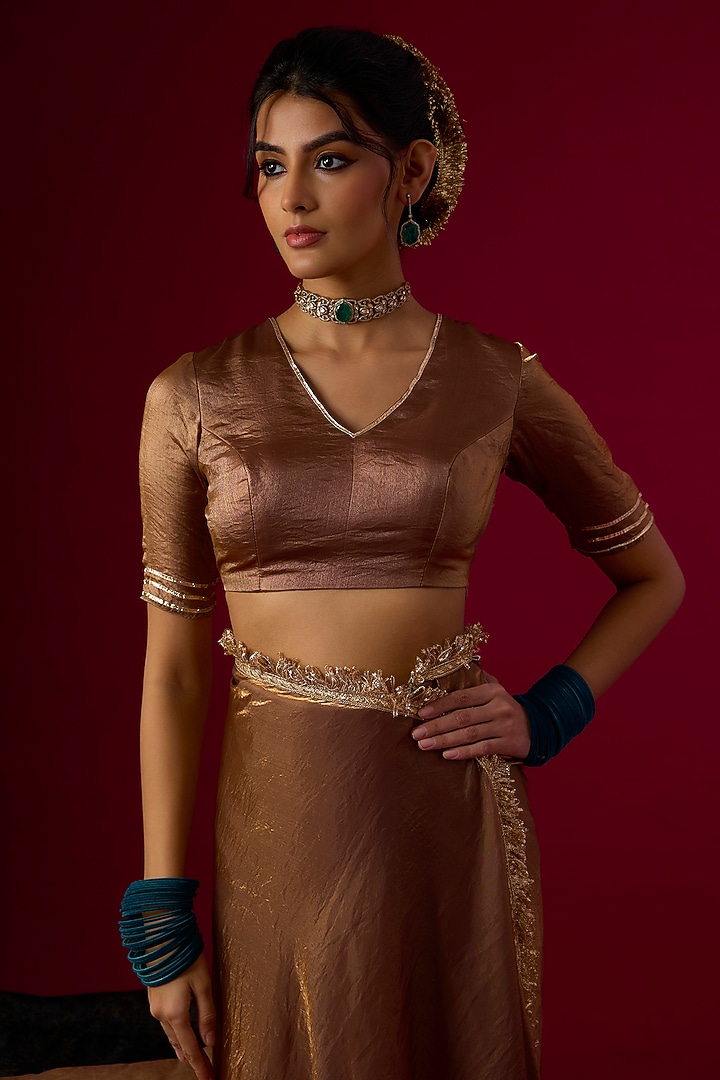 Mocha Colored Silk Tissue Party Wear Saree Set by Rayasha Khan at Pernia's Pop Up Shop