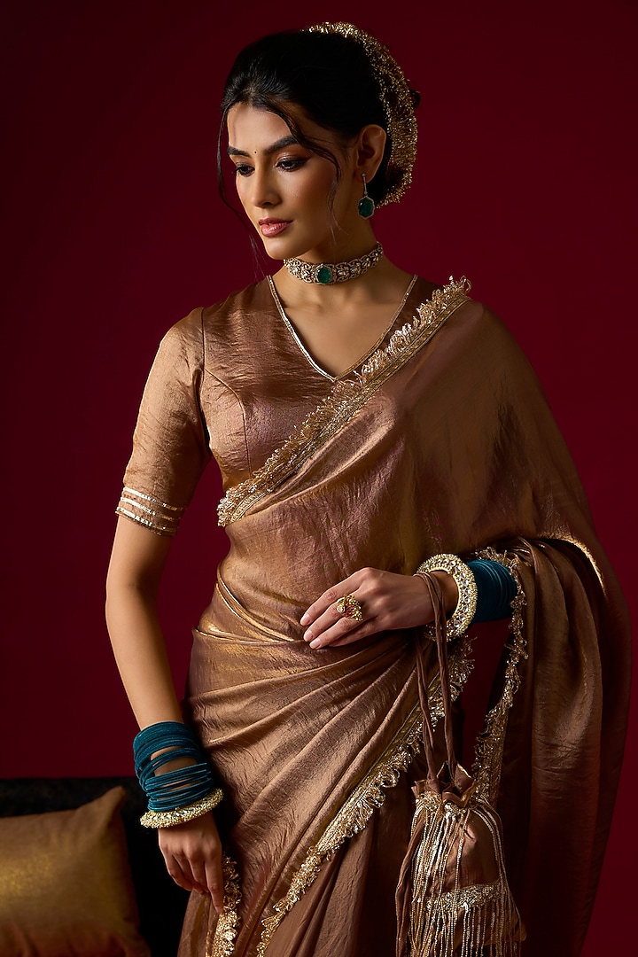 Mocha Colored Silk Tissue Party Wear Saree Set by Rayasha Khan at Pernia's Pop Up Shop
