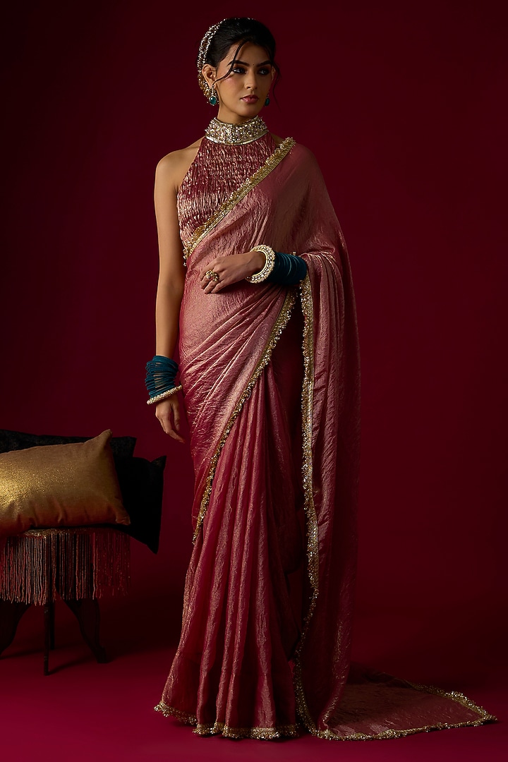 Dusty Rose Gold Silk Tissue Party Wear Saree Set by Rayasha Khan at Pernia's Pop Up Shop