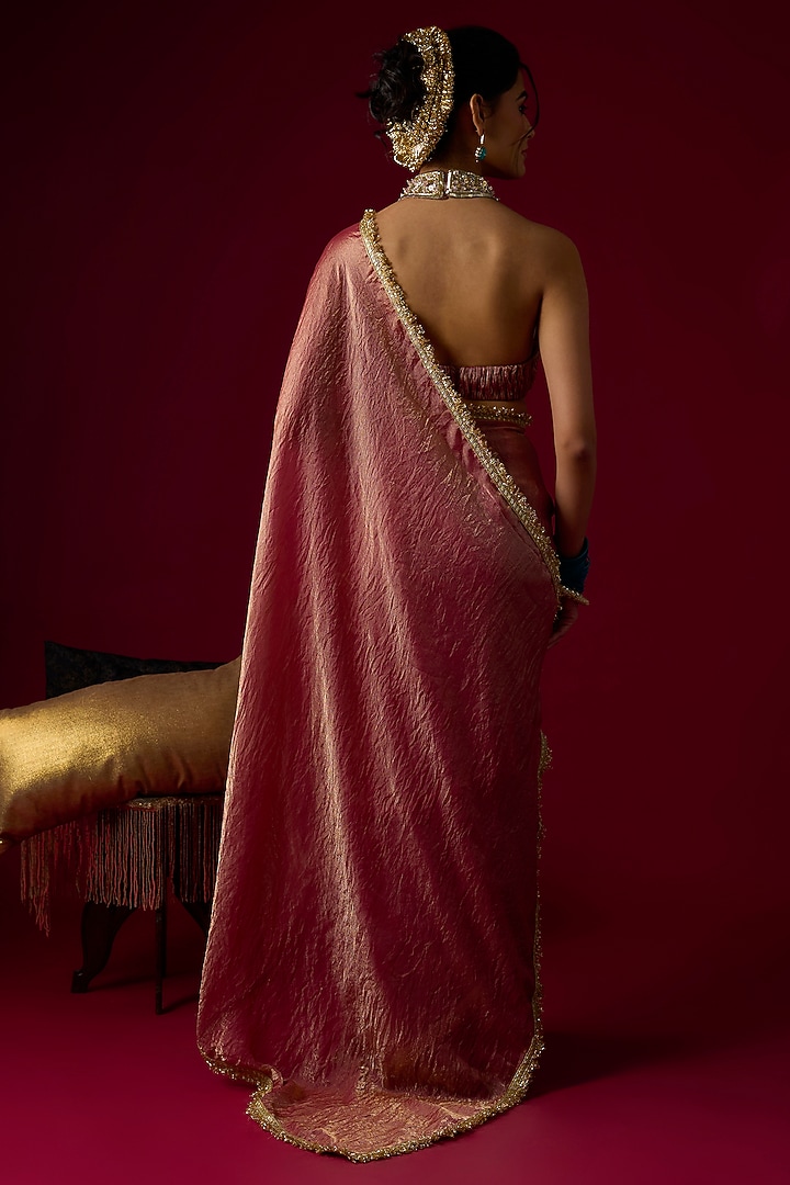 Dusty Rose Gold Silk Tissue Party Wear Saree Set by Rayasha Khan at Pernia's Pop Up Shop