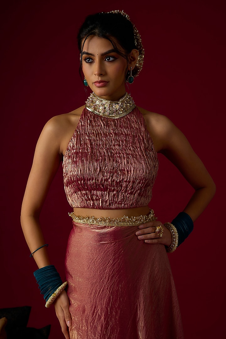 Dusty Rose Gold Silk Tissue Party Wear Saree Set by Rayasha Khan at Pernia's Pop Up Shop