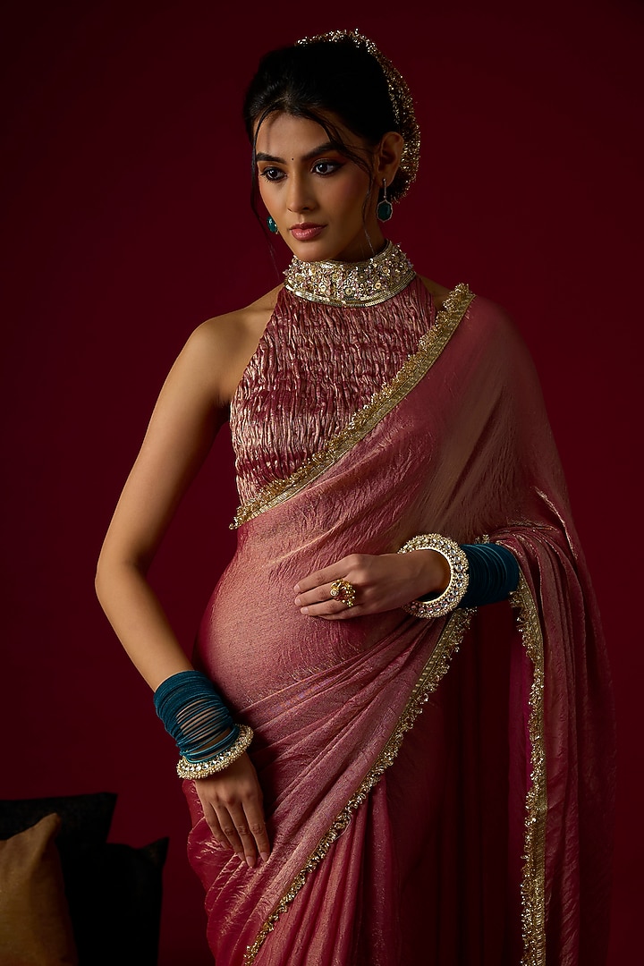Dusty Rose Gold Silk Tissue Party Wear Saree Set by Rayasha Khan at Pernia's Pop Up Shop