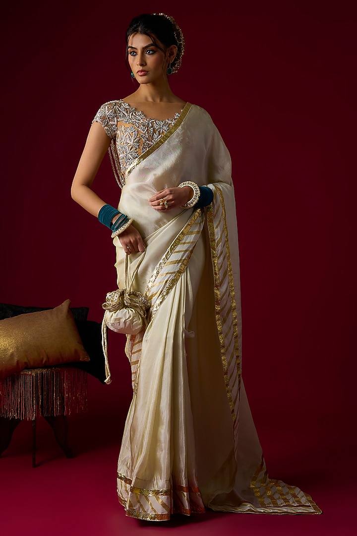 Gold Silk Tissue Wedding Saree Set by Rayasha Khan at Pernia's Pop Up Shop