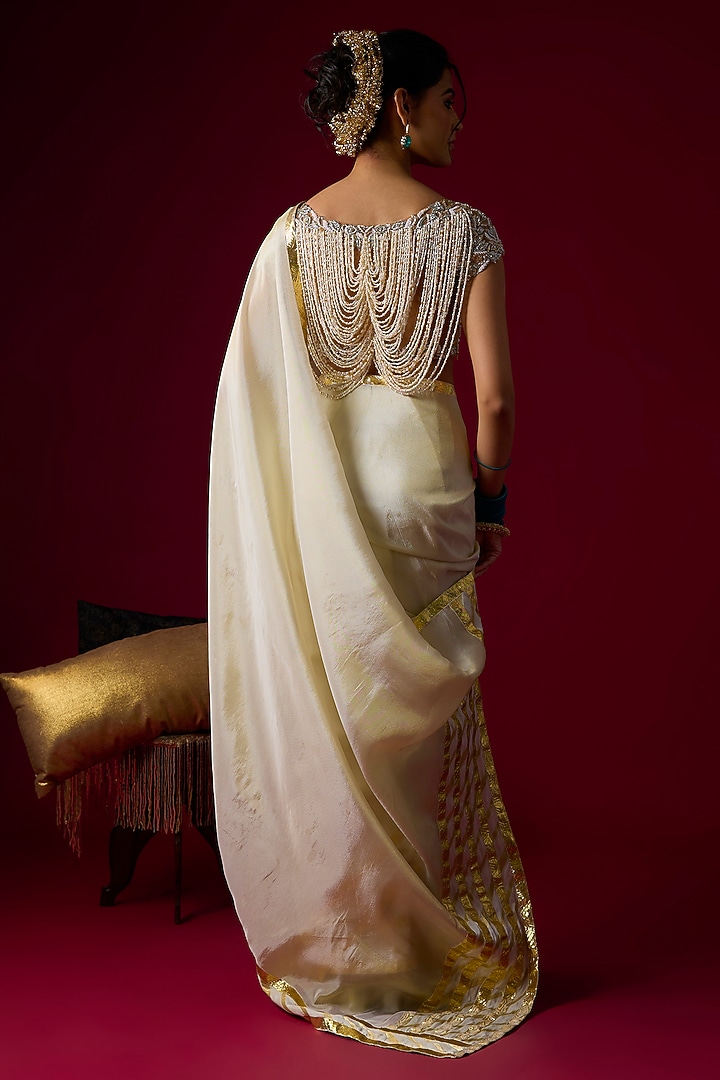 Gold Silk Tissue Wedding Saree Set by Rayasha Khan at Pernia's Pop Up Shop