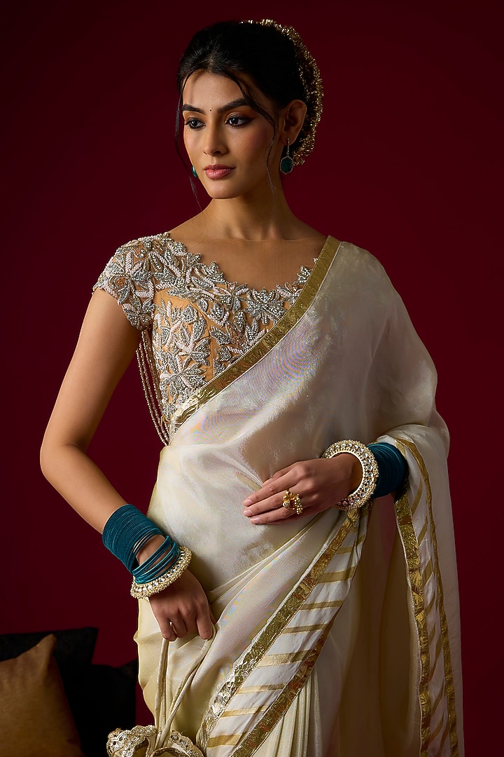 Gold Silk Tissue Wedding Saree Set by Rayasha Khan at Pernia's Pop Up Shop