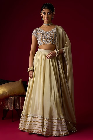 Gold Silk Tissue Lehenga Set by Rayasha Khan