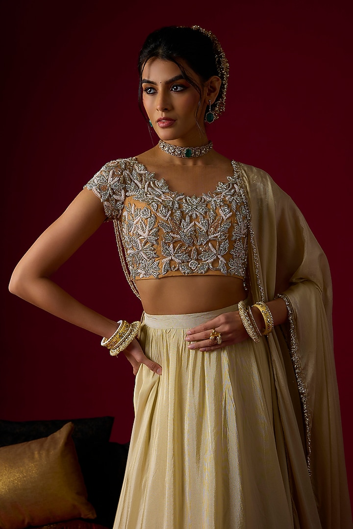 Gold Silk Tissue Wedding Lehenga Set by Rayasha Khan at Pernia's Pop Up Shop