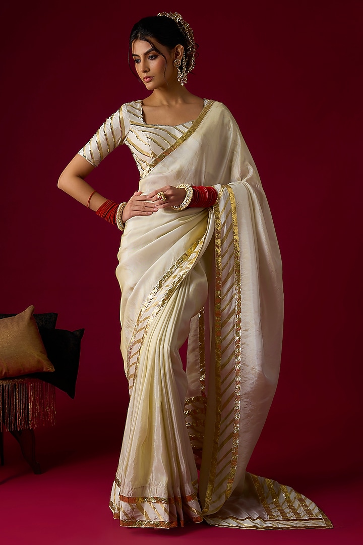 Gold Silk Tissue Party Wear Saree Set by Rayasha Khan at Pernia's Pop Up Shop