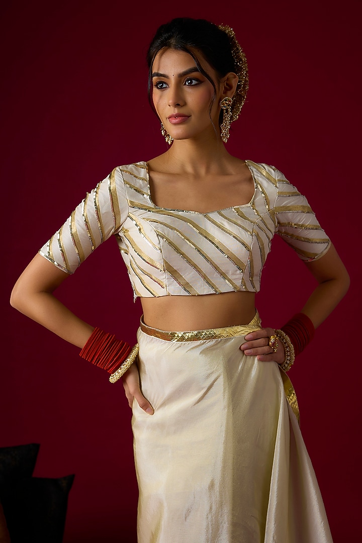 Gold Silk Tissue Party Wear Saree Set by Rayasha Khan at Pernia's Pop Up Shop
