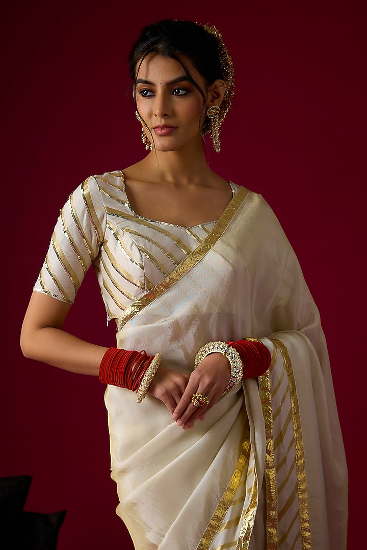 Gold Silk Tissue Party Wear Saree Set by Rayasha Khan at Pernia's Pop Up Shop