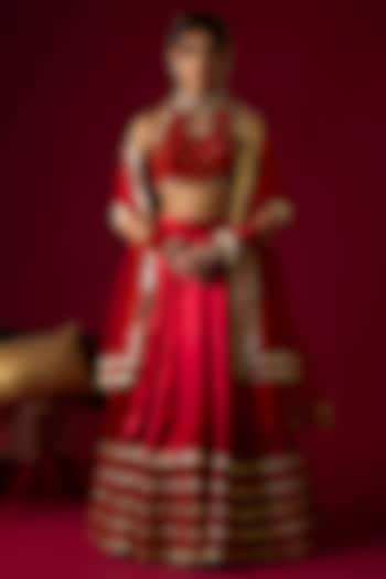 Ruby Red Russian Silk Satin Wedding Lehenga Set by Rayasha Khan at Pernia's Pop Up Shop