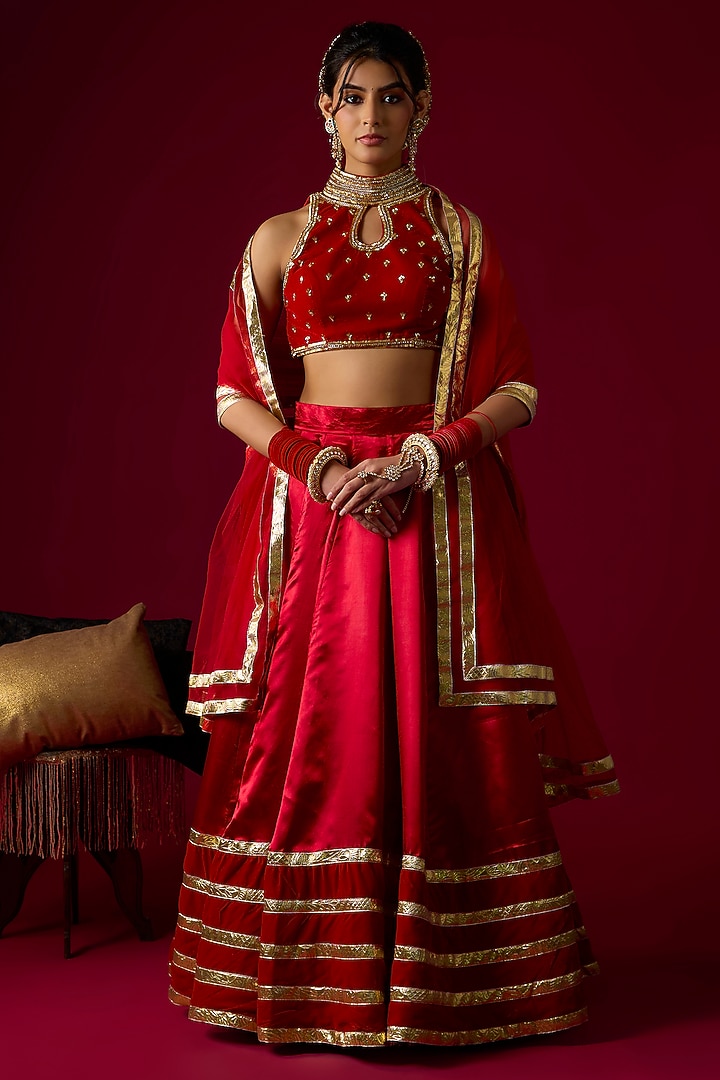 Ruby Red Russian Silk Satin Wedding Lehenga Set by Rayasha Khan at Pernia's Pop Up Shop