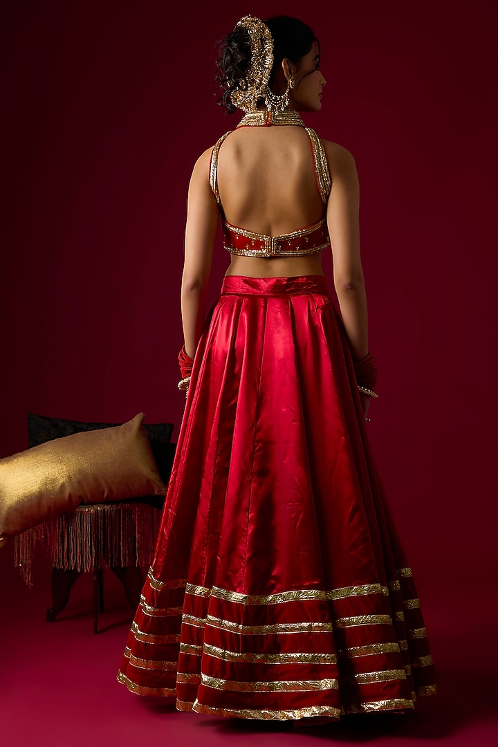Ruby Red Russian Silk Satin Wedding Lehenga Set by Rayasha Khan at Pernia's Pop Up Shop