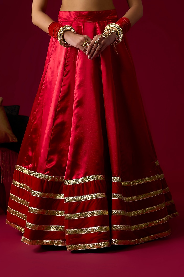 Ruby Red Russian Silk Satin Wedding Lehenga Set by Rayasha Khan at Pernia's Pop Up Shop