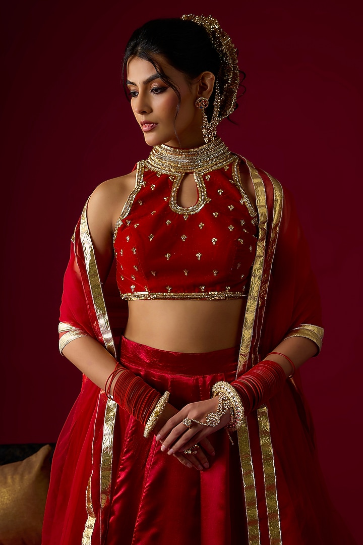 Ruby Red Russian Silk Satin Wedding Lehenga Set by Rayasha Khan at Pernia's Pop Up Shop